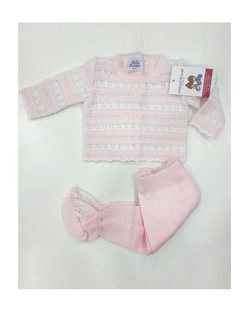 Conjunto polaina hilo rosa blanco